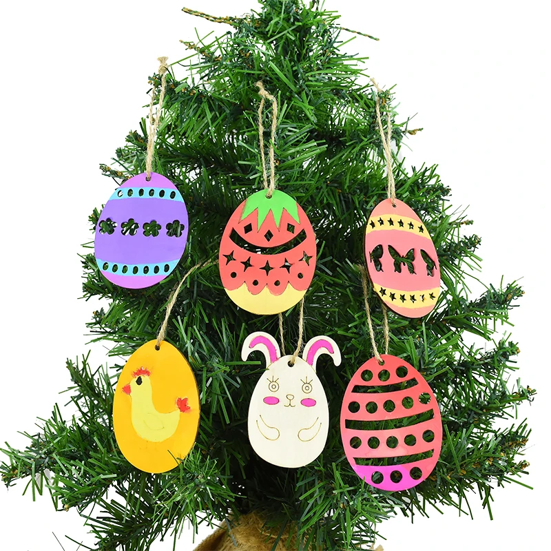 10Pcs DIY Graffiti Wooden Bunny Chick Egg Wooden Craft Embellishment Hanging Ornament for Easter Party Pendant Tags Kid Gifts