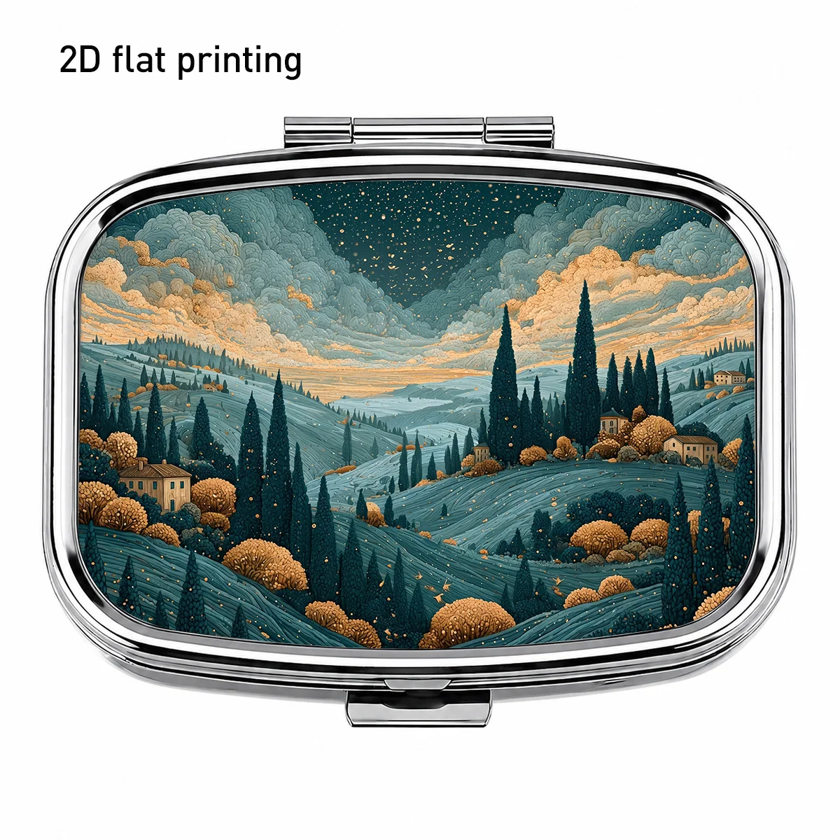 Square Metal Small Pill Box with Starry Night and Pine Forest Valley Pattern, Featuring Rich Details and an Attractive Appearance, Compact and Lightweight, Practical for Use, Two-Compartment Portable Storage Box, for Organizing Small Items, Jewelry, Medicines, and Vitamins on the Go, with a Compartment Design for Easy Access, Suitable for Home, Outdoor, Travel, and Daily Life, Durable and Exquisite, Portable and Convenient.