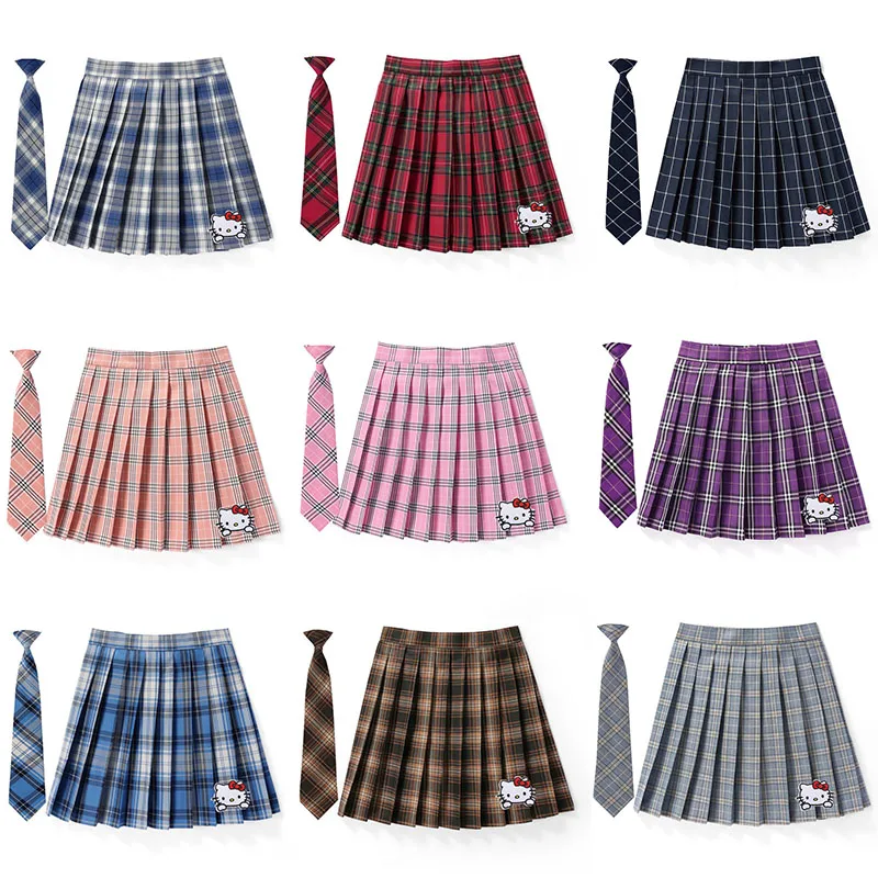 

Hello Kittys Women Plaid Pleat Skirt with Necktie Harajuku Preppy Mini Japanese School Uniforms Girl Summer Y2K High Waist Skirt