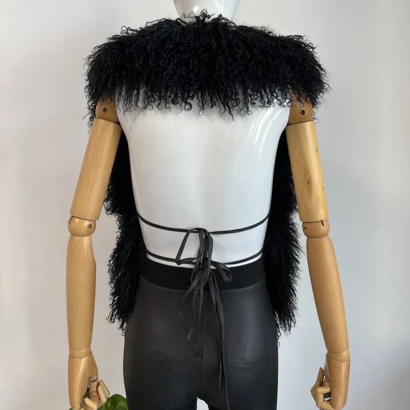 BEIZIRU Women's Fluffy Luxury Real Mongolian Fur Halter Vest Sleeveless Deep V-Neck Solid Top Outerwear