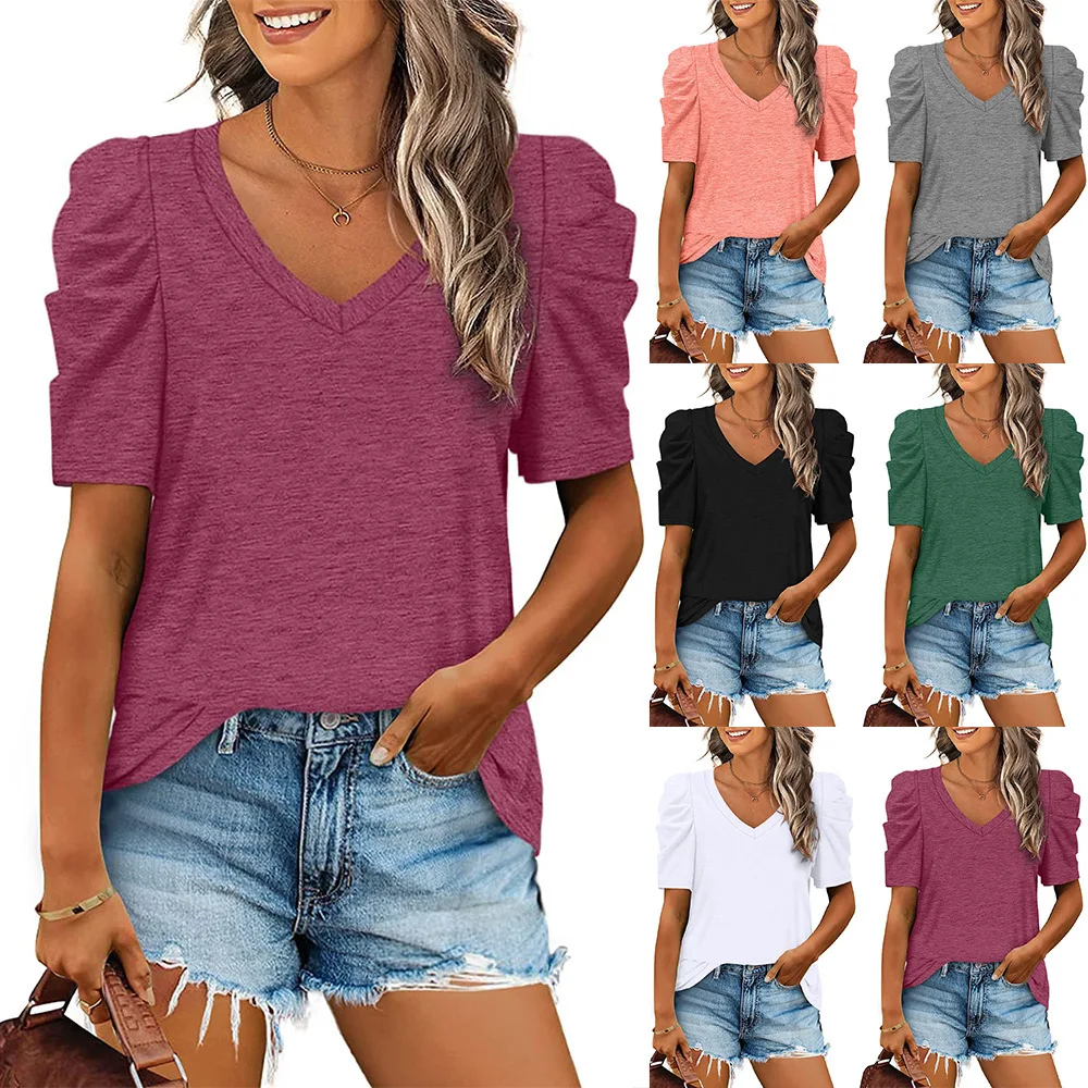 2024 Summer Women's Oversize T-shirt Pleated Patchwork V-neck Short Sleeved T-shirt Top Women Casual Pure Color Women's Clothing