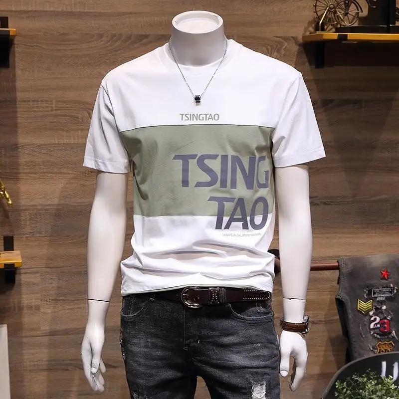 صيف 2025 جديد الكورية نمط الرجال تي شيرتات قصيرة الاكمام 230 جرام القطن الثقيل الرجال إلكتروني طباعة لصق اللون مصمم الموضة المحملة #4