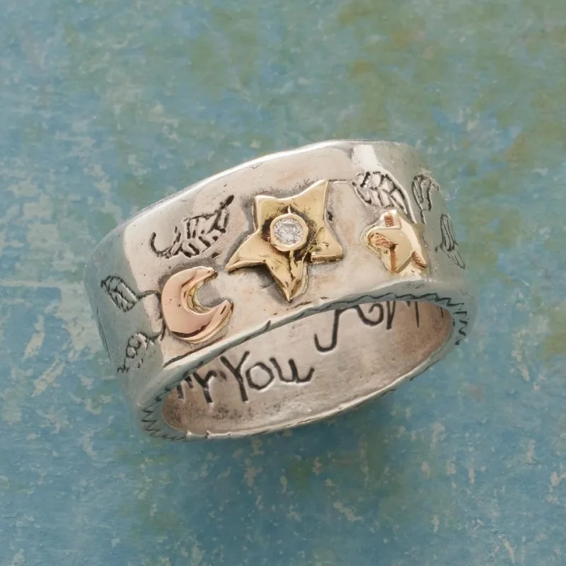 Vintage handgeschnitzter Stern-Mond-Damenring, silberfarbenes Metall, geometrisch, für den täglichen Gebrauch, Party-Schmuck, Jubiläumsgeschenk