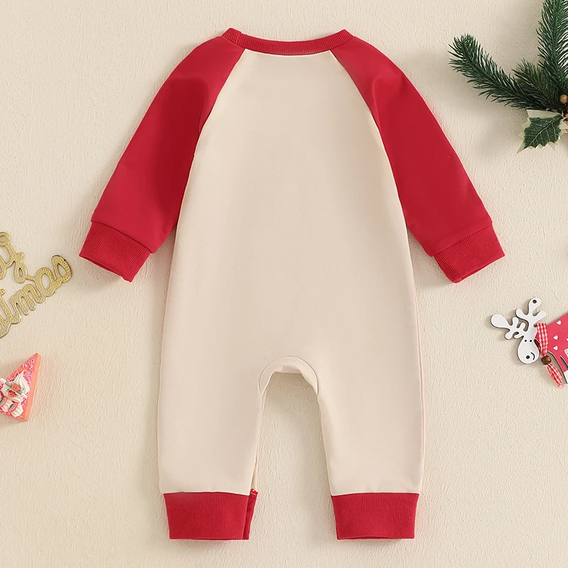 Baby Snap-up Christmas Jumpsuit Reindeer Number Embroidered Round Neck Long Sleeve Romper