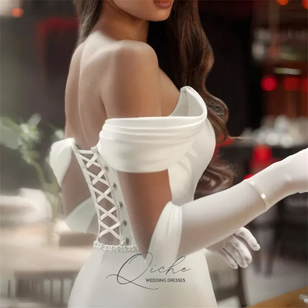 QICHE-Vestidos De Novia clásicos De sirena con hombros descubiertos, Espalda abierta, con cordones, plisado, abertura larga, abalorios, personalizados