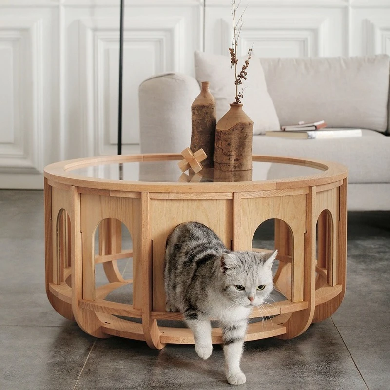 

Living room creative solid wood round glass coffee table modern simple tea table household cat pet side round