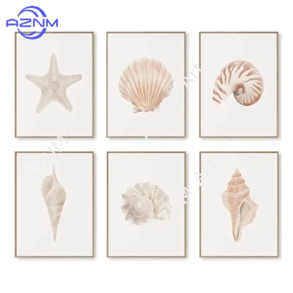 1/6pcs Canvas Printing Modern Wall Art Watercolor Sea Shell Starfish Posters and Prints Picture for Living Room Home Decoration