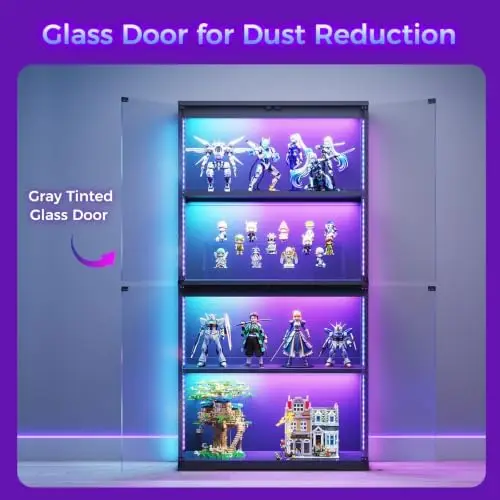 Glass Display Cabinet with Glass Doors, RGB Light Display Case, 4-Tier Storage Cabinet Display Shelf for Showcase - view 6