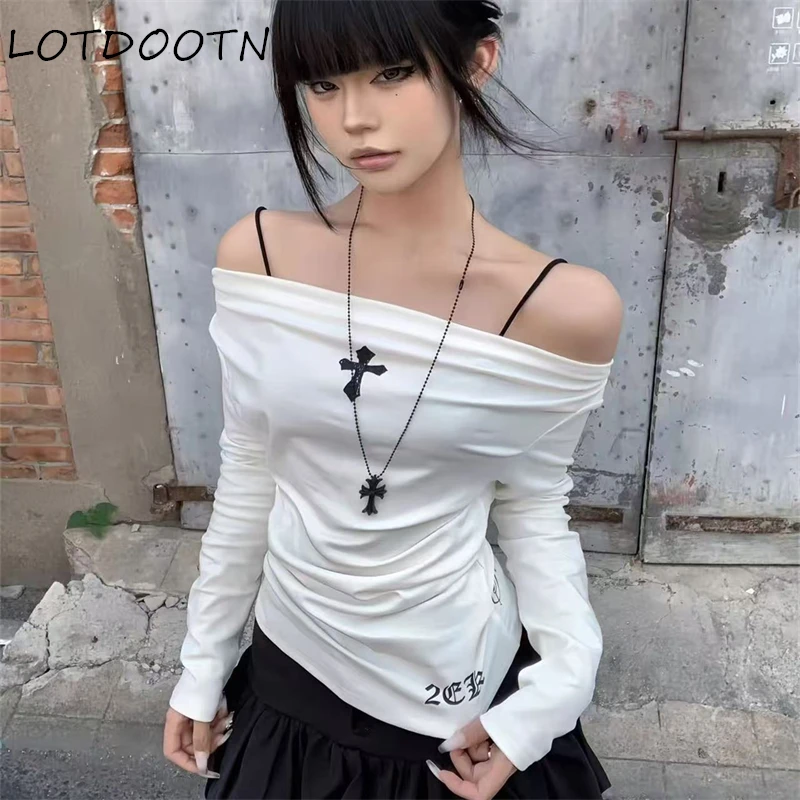 

LOTDOOTN одежда 2000-х годов Y2k футболки женские Hotsweet футболки с рисунком креста женская одежда с длинными рукавами одежда с открытыми плечами осенний топ