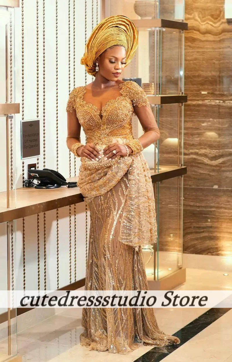 Exquisite Beaded Applique Evening Dresses For Luxury Party Customized Women Aso Ebi Long Mermaid Prom Dress Wedding Party Dress