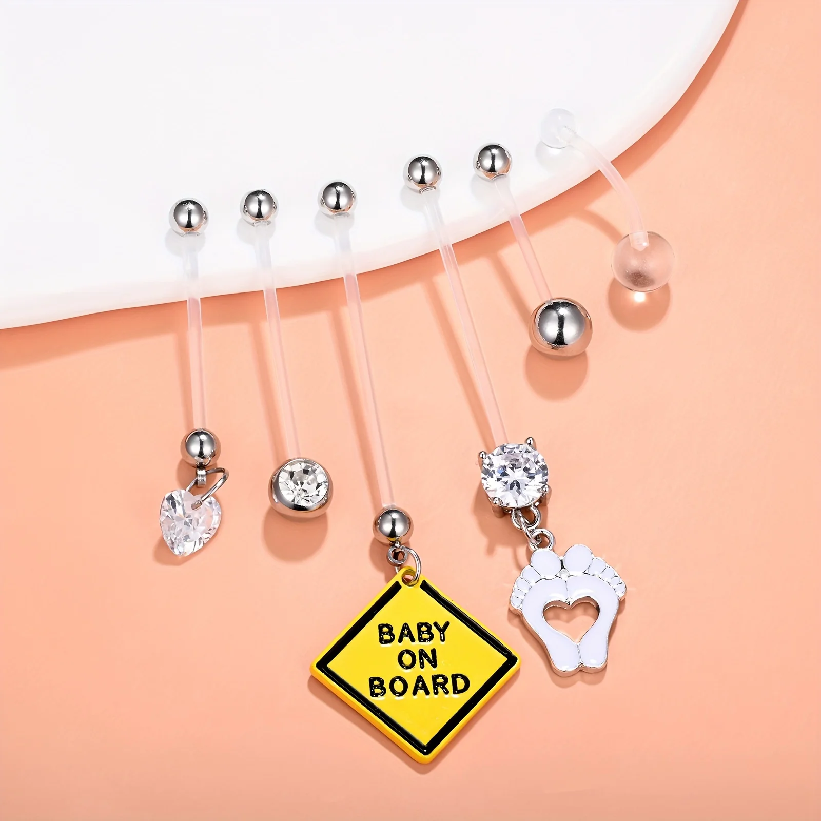 6pcs Belly Button Rings,14G Flexible Plastic Belly Bar With Zirconia And Pendant Heart Foot Maternity Pregnancy Belly Piercing