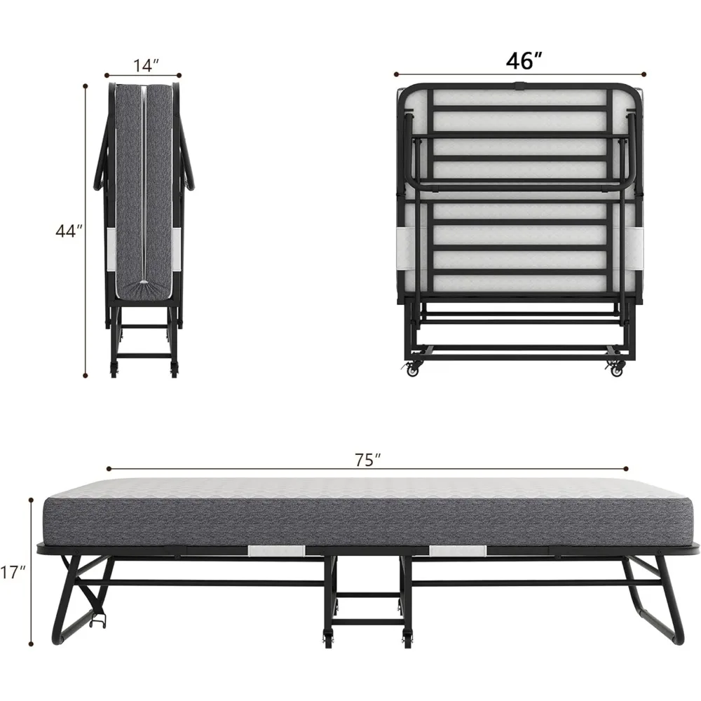 Przenośne składane łóżko pojedyncze z materacem z pianki memory dla dorosłych - oszczędzające miejsce łóżko dla gości, łóżko na kółkach