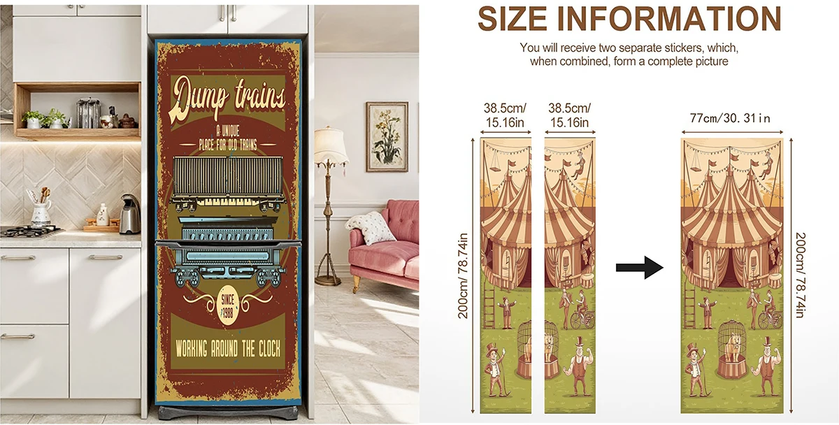Peel Stick Vinyl Door Decal Retro Circus Tent Clown Lighthouse Train Mural Vintage Door Wrap Bar Cafe DIY Home Decor