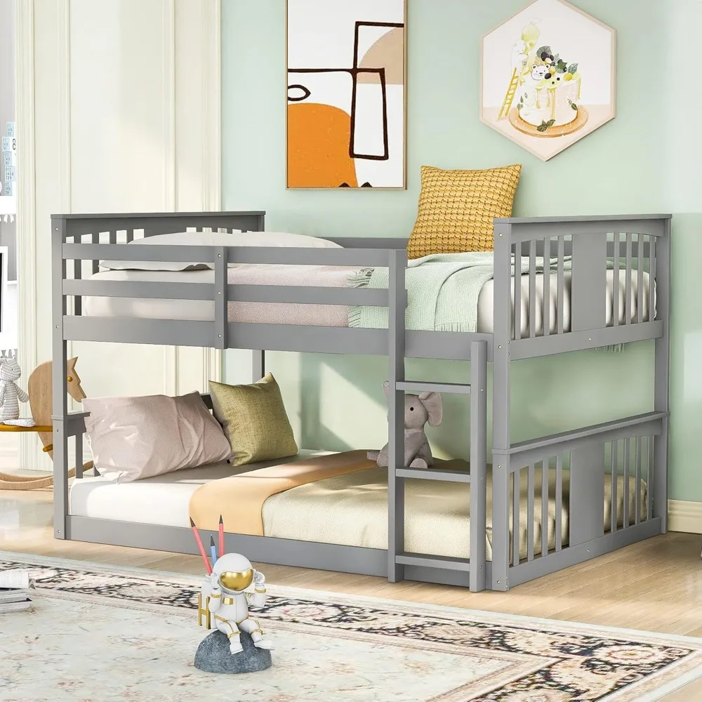 

Bunk Beds Full Over Full for Kids, Low Wood Full Size Bunk Beds Frame with Ladder, Guard Rails for Boys