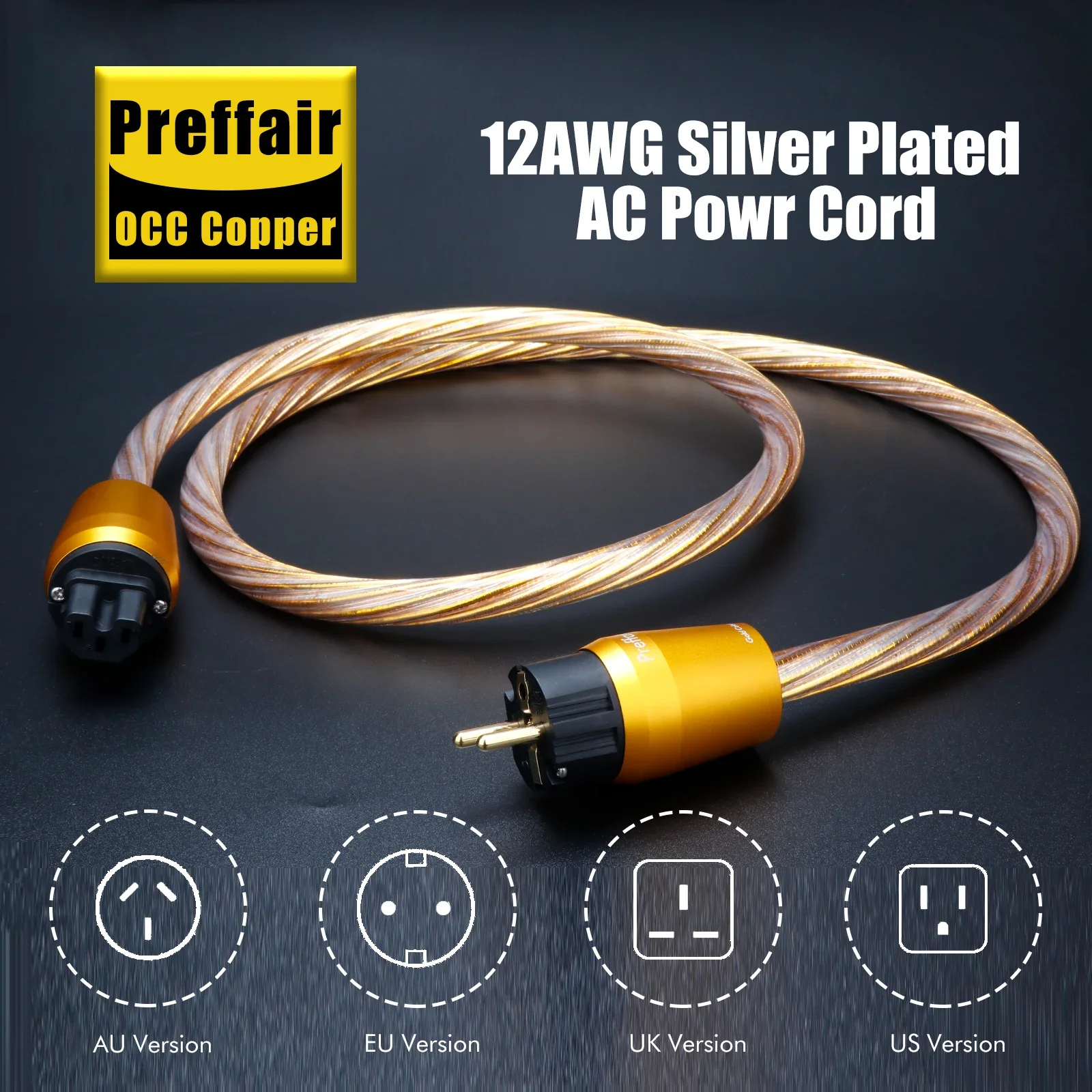 Audiofiele voedingskabel Goud OCC Verzilverd netsnoer 12AWG voor Versterker IEC 320 C15 Audio EU/US/AU Versie Power Draad