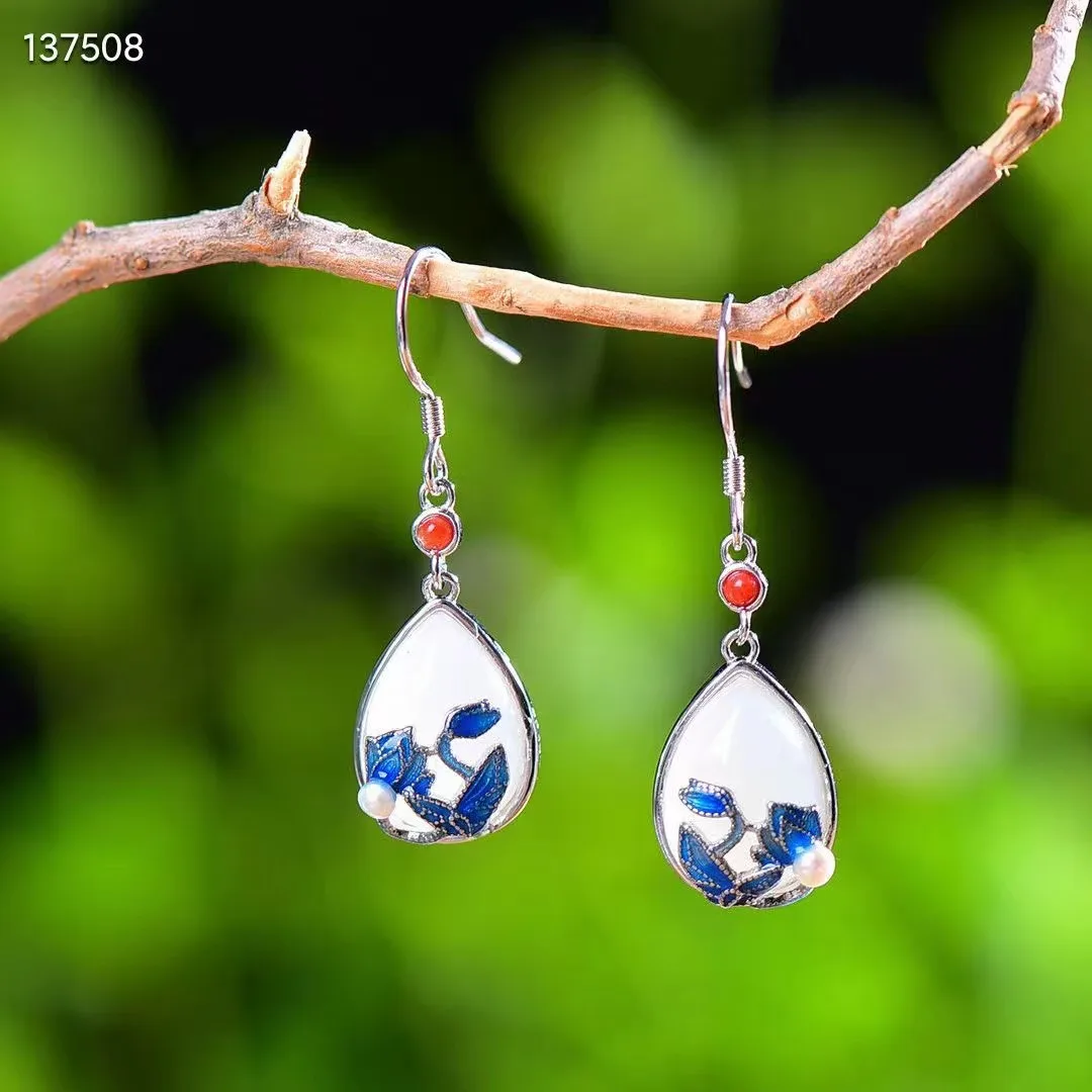 

Natural 100% real 925 sterling silver flower mosaic Drop white hetian jade fashion Earrings temperament women earrings