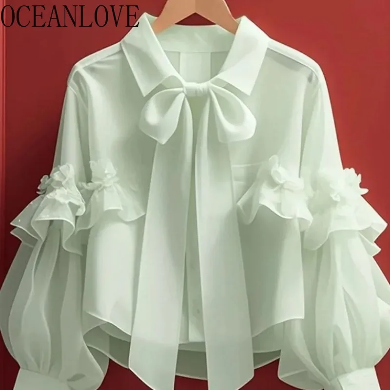 OCEANLOVE Spring Autumn Bow Blouses Solid Ruffles Vintage Sweet Women Shirts Korean Fashion Puff Sleeve Elegant Camisas