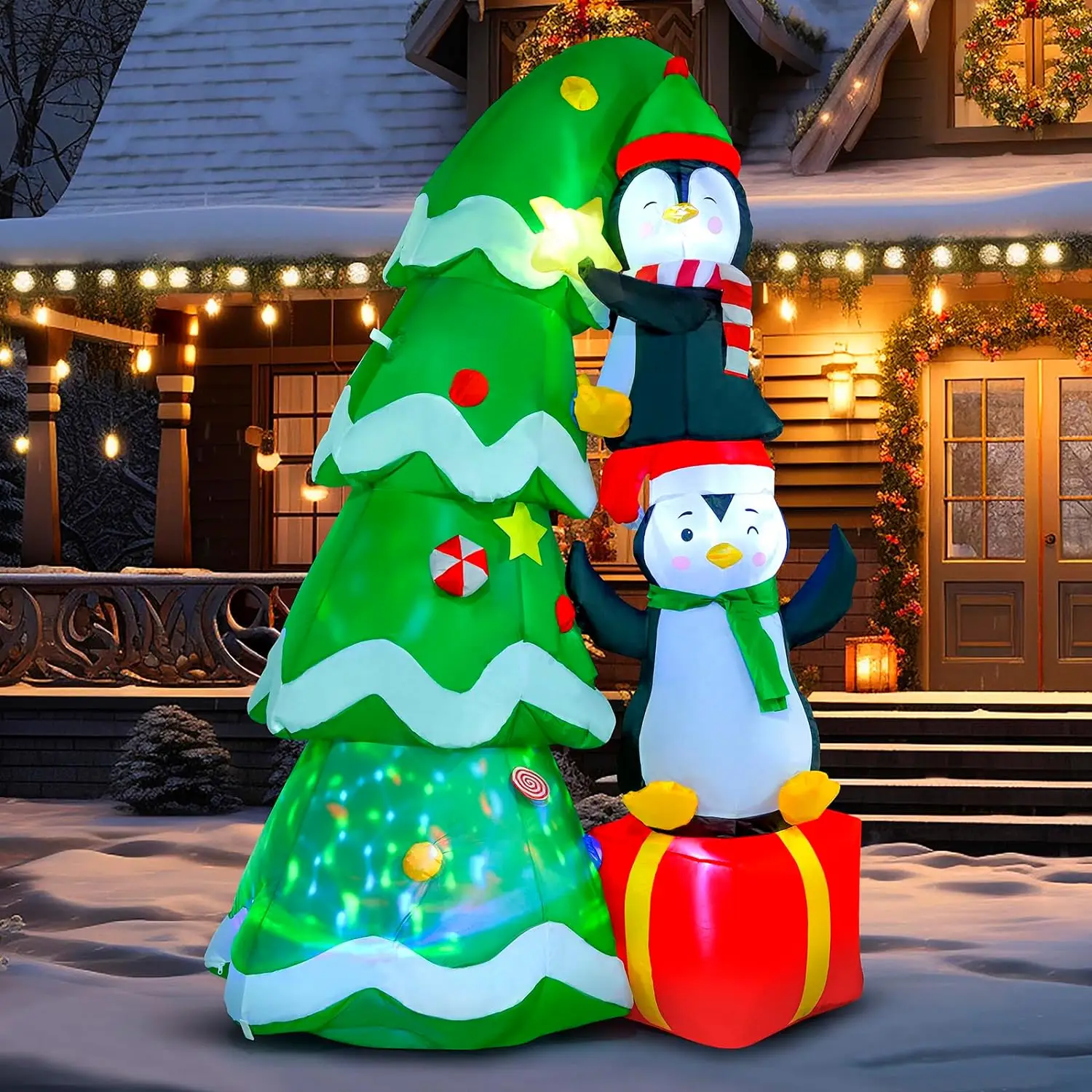 

7FT Inflatable Christmas Tree Outdoor Decorations Blow up Christmas Tree with Penguins Yard Decorations LED Outdoor Party Toys