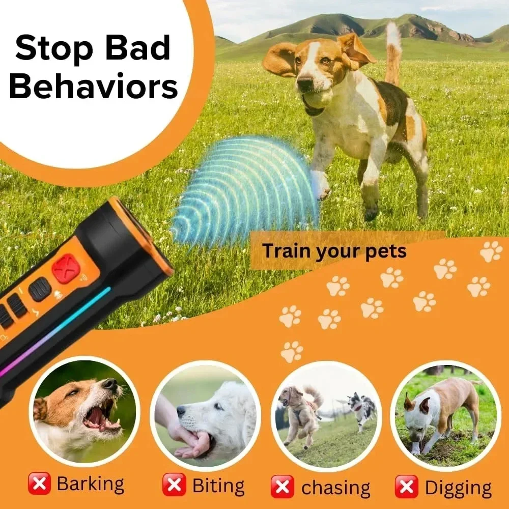 Triple-heads Ultrasonic Transmitter Dog Repeller, Rechargeable Anti Dog Bark Deterrent Device with LED Flashlight, Safe for Dogs