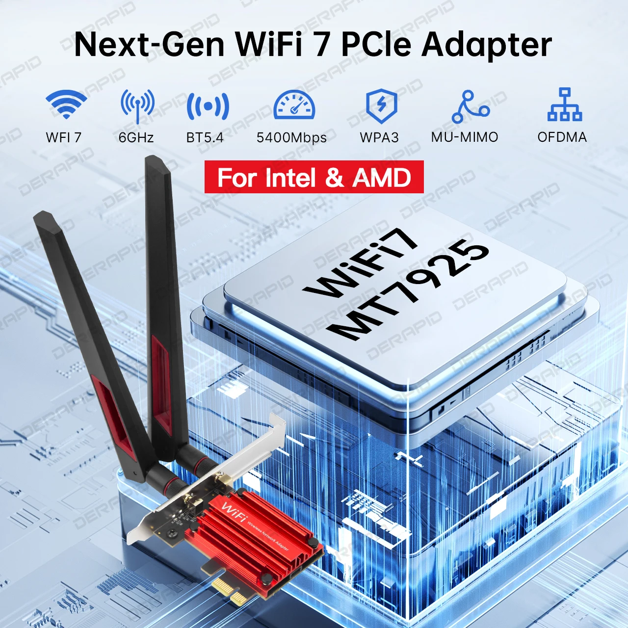 

WiFi 7 BE5400 PCIe WiFi Card MT7925 Bluetooth 5.4 Desktop High Gain Antenna 6GHz Tri-Band Support Windows 10/11