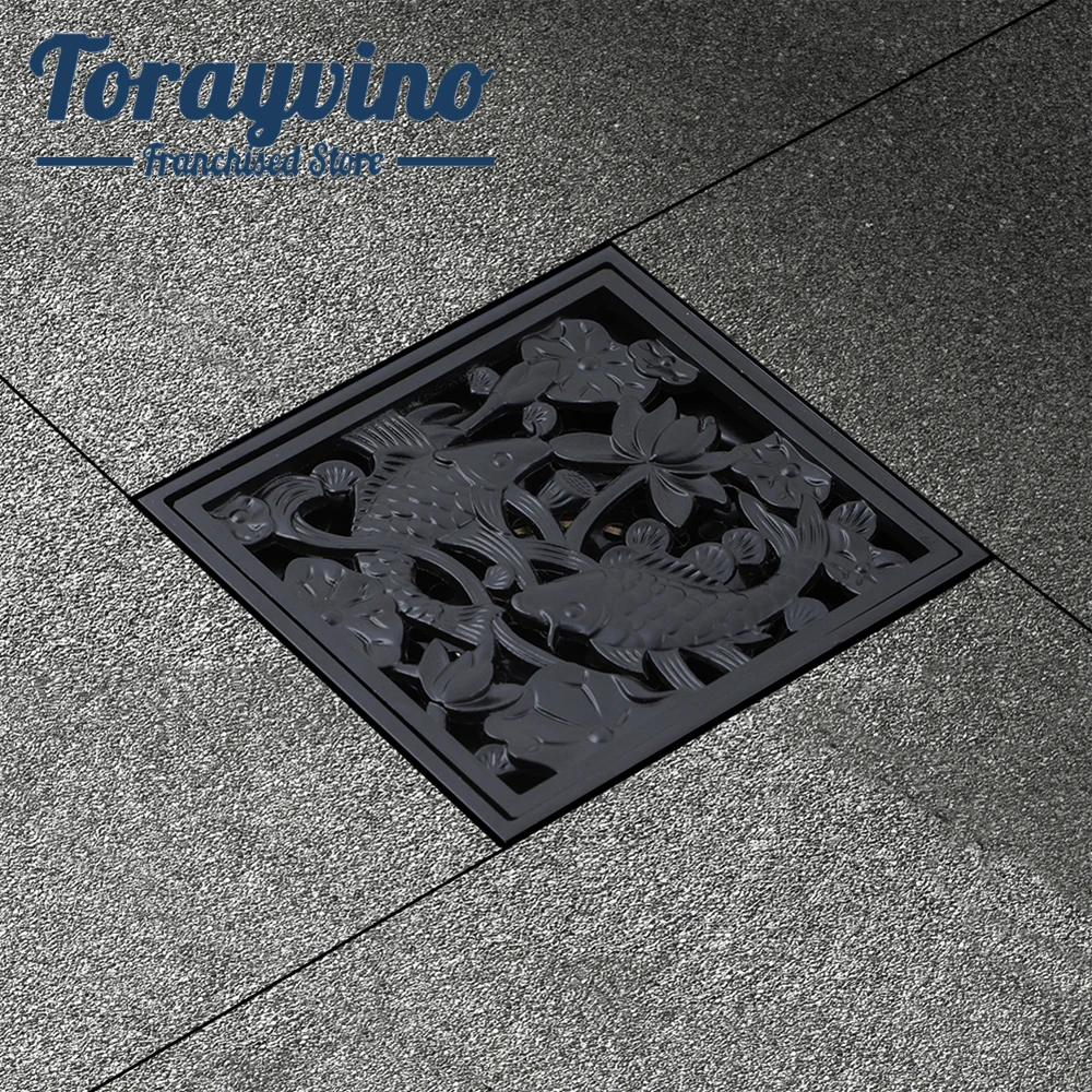 Torayvino 10*10cm Square Shower Drains Bath Drains Strainer Hair Fish Carved Bathroom Waste Grate Filter Deodorant Floor Cover