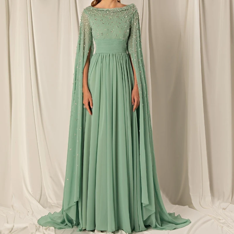 

Green Luxury Beaded Crystal A-Line Chiffon Evening Gown O-Neck With Cape For Women Formal Prom Party Dress