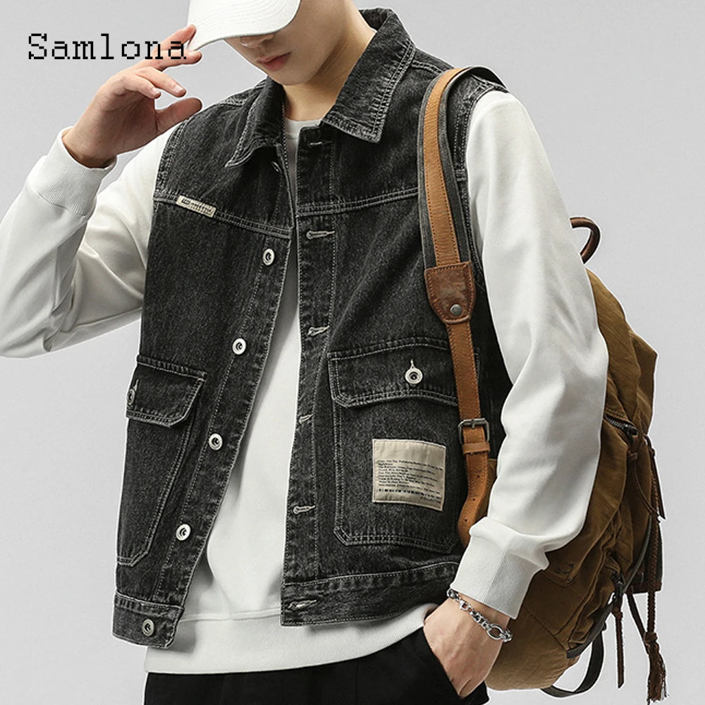 2025 Autumn Fashion Sleeveless Notched Denim Vest Jackets Plus Size Mens Basic Denim Top Vintage Stand Pocket Jean Outerwear New