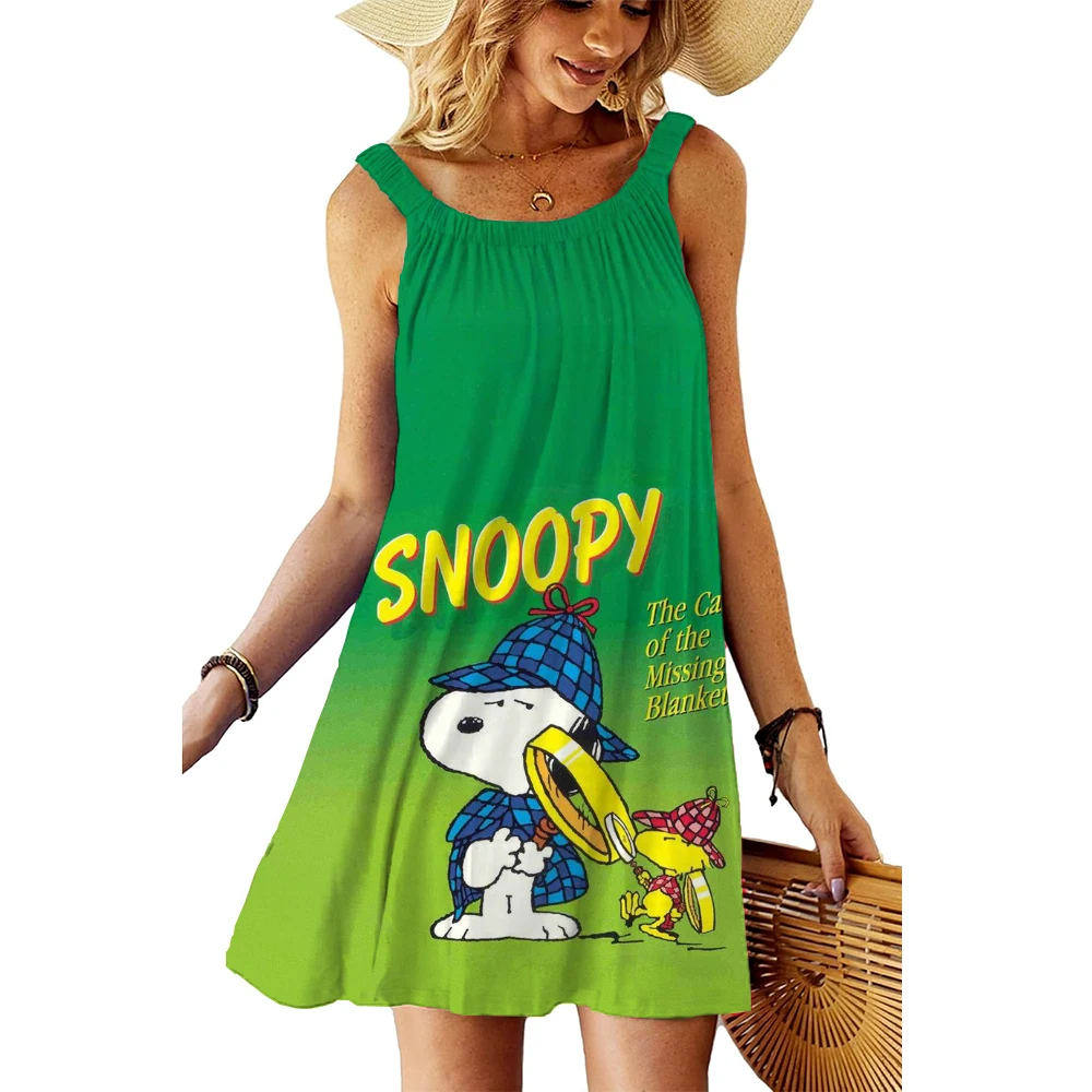 Women's Beach Dresses Snoopy Kawaii 2025 Summer Youthful Woman Clothes Y2k Anime Sanrio Leisure Elegant Chic Dress Boho Sling