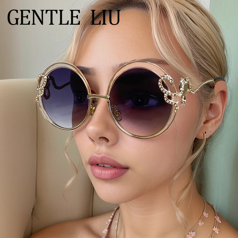 Vintage Round Metal Hollow Frame Sunglasses Women 2024 Luxury Brand Stylish Gradient Sun Glasses For Lady Retro Outdoor Eyewear