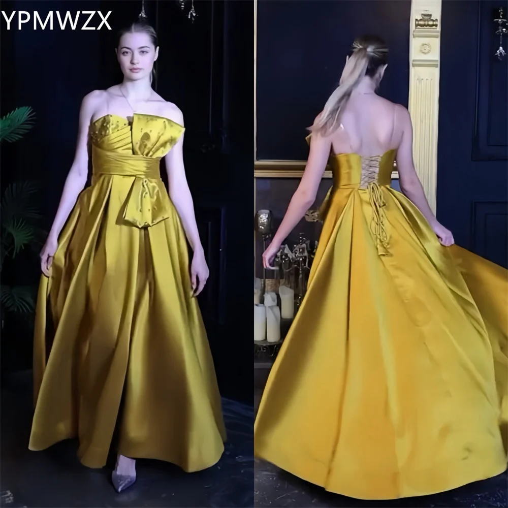 

Customized Prom Gown Formal Women Evening Dress YPMWZX Strapless A-line Floor Length Skirts Draped Bows Bead Sleeveless Bespoke