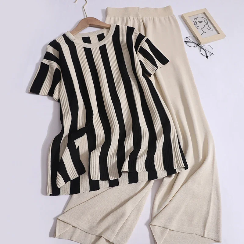 Women Summer Casual Loose Knit Two-piece Set Contrast Color Striped Split Tops and Solid High Waist Wide Leg Pants Office Outfit