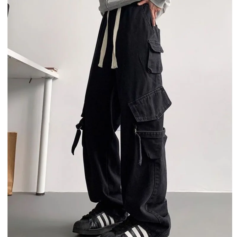 

Черные рабочие джинсы, мужские нишевые уличные красивые свободные повседневные широкие брюки с несколькими карманами, прямые брюки