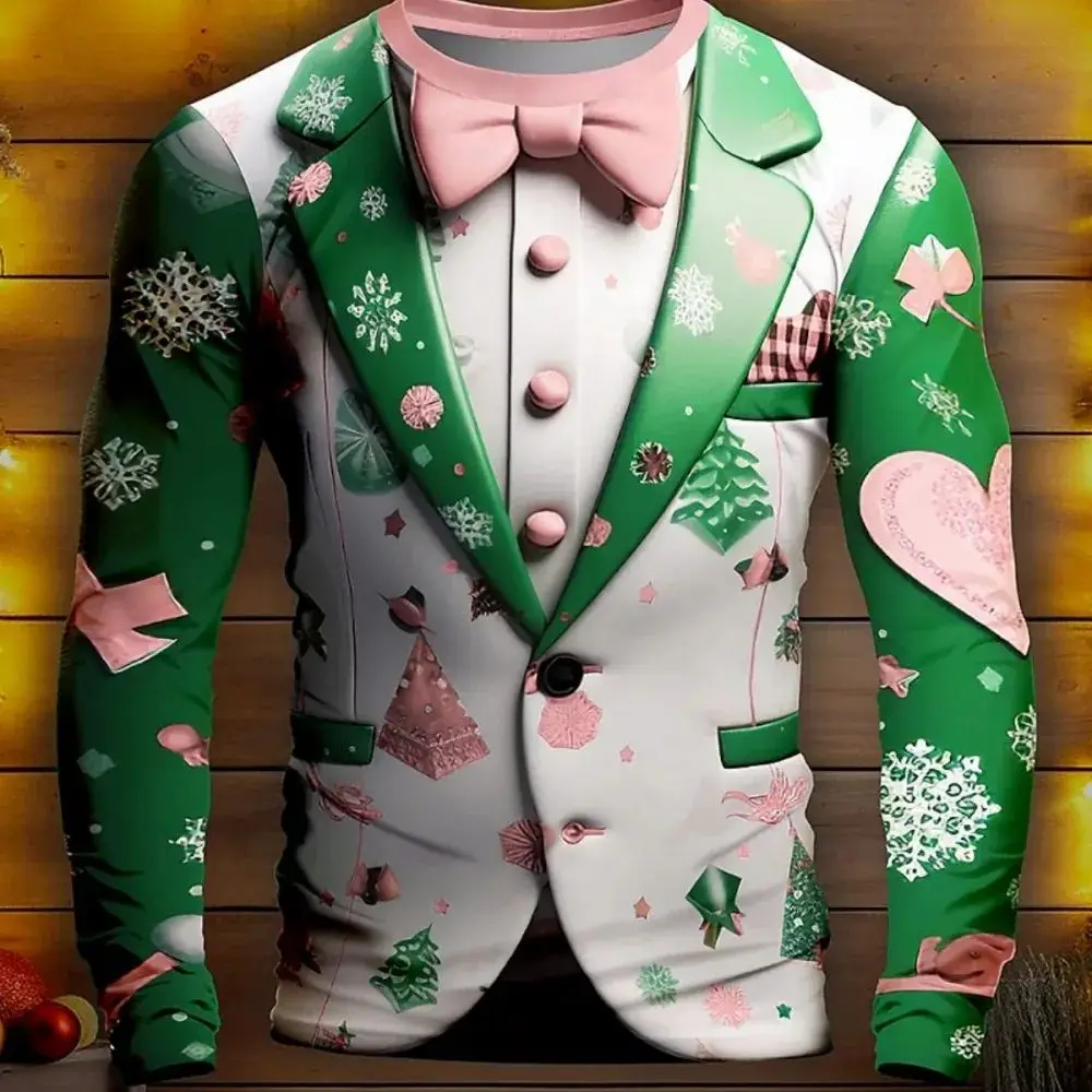 New Man Business Christmas Party Series Fake Suit Fashion Interesting 3d Printed Long Sleeve Crew Neck Trend Plus Size Clothing