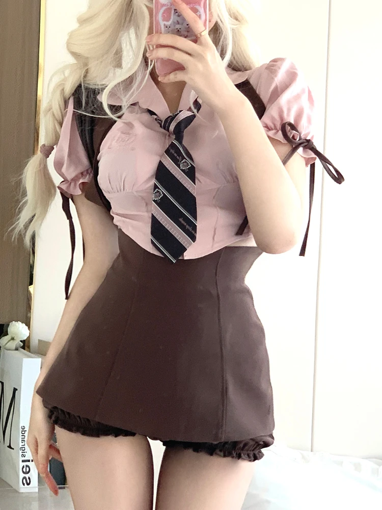 Summer Korean Sweet Two Piece Set Women Elegant Y2k Party Mini Skirt Suit Female Puff Sleeve Pink Blouse + Brown Suspender Skirt