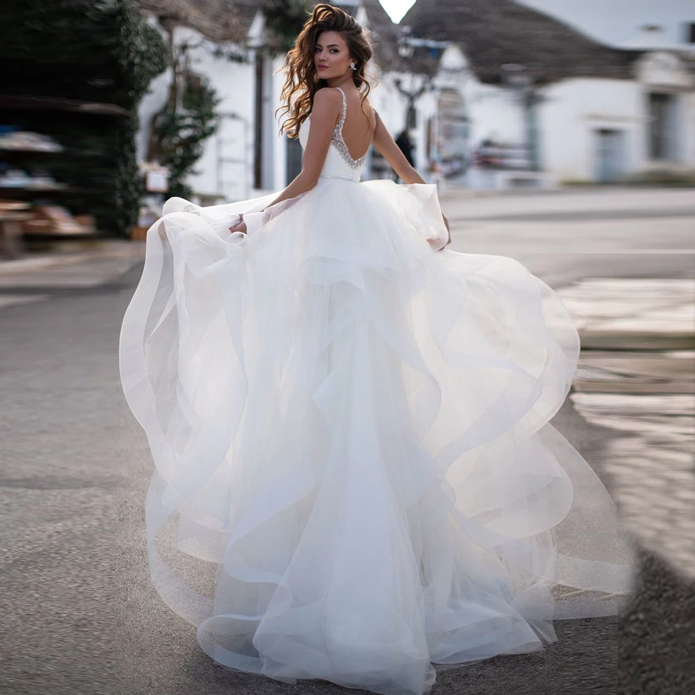 Robe de Mariée Élégante à Bretelles Spaghetti, Tenue de Bal, Dos aux, à Volants Perlés Délicats, pour Patients