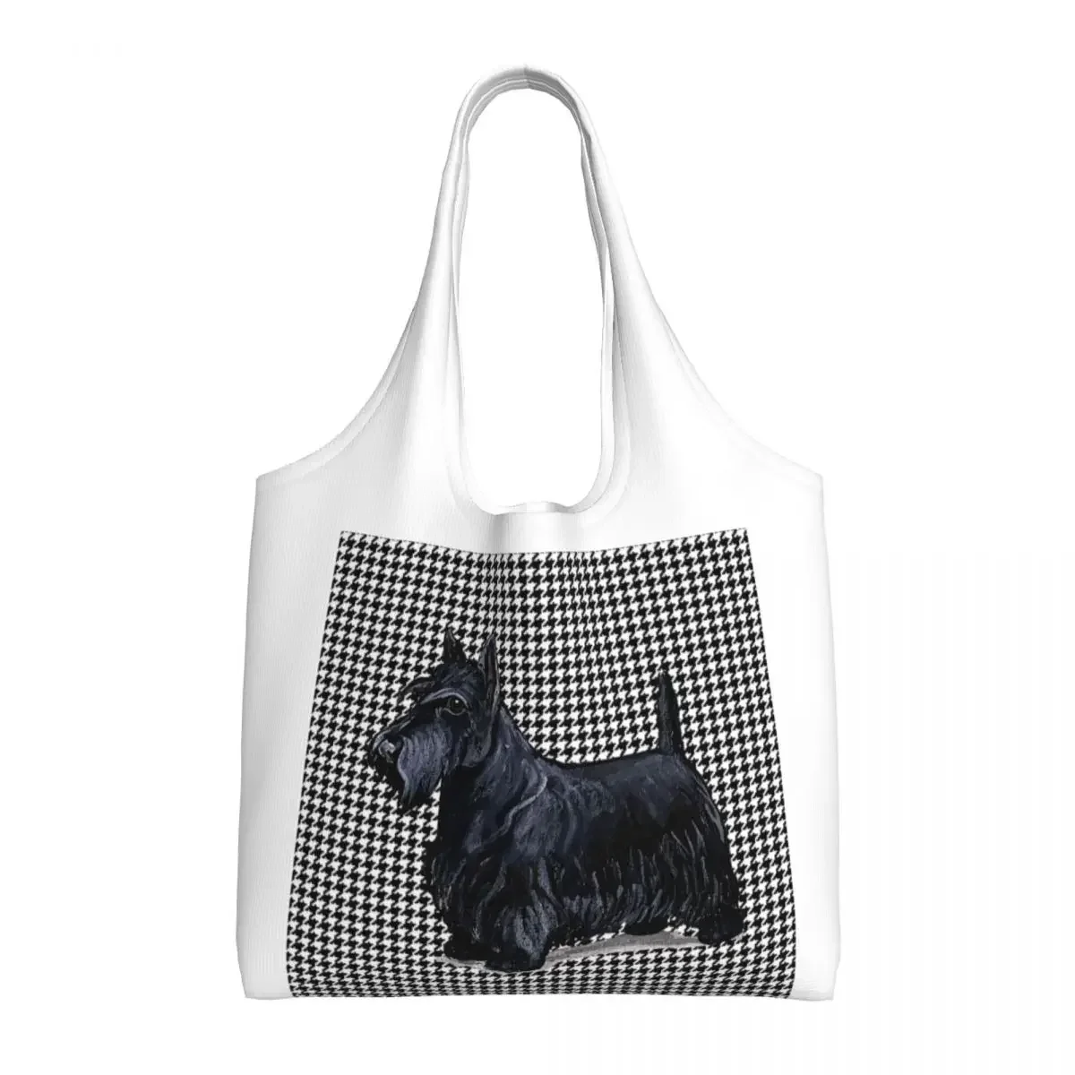 Scottish Terrier Houndstooth Shopping Bag Women Shoulder Canvas Tote Bag Durable Pet Scottie Dog Groceries Shopper Bags Handbags