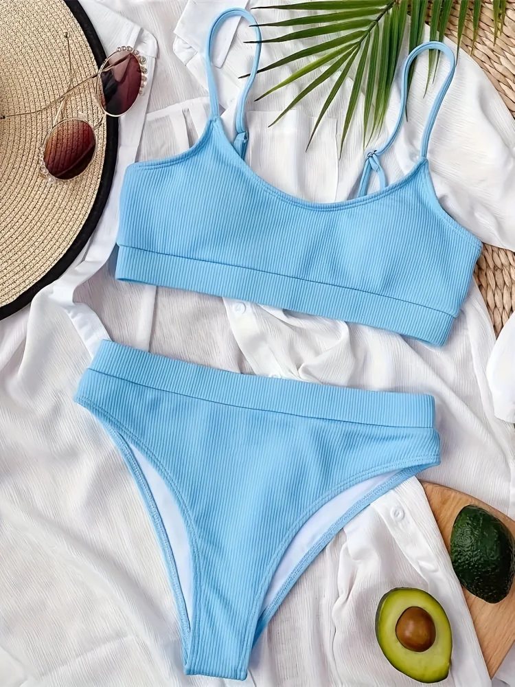 بيكيني النساء ملابس السباحة 2026 جديد الصلبة مضلع حبال البيكينيات مجموعة مثير عالية الخصر ملابس الصيف 2 قطعة شاطئ ثوب السباحة الإناث