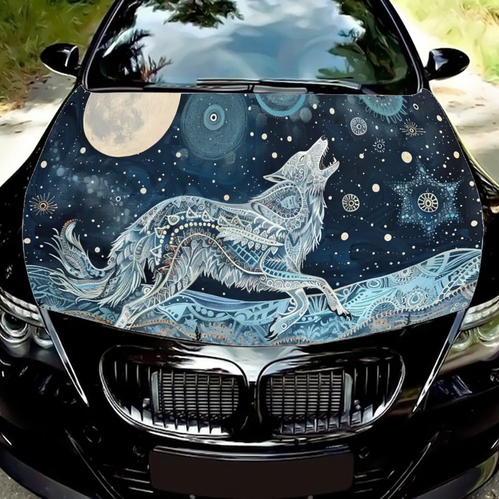 

Wolf Running Happily Under Starry Sky Car Hood Wrap Color Vinyl Sticker Truck Graphic Bonnet Auto Accessories Decor Decal Gift