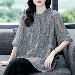 여름 한국 인쇄 느슨한 쉬폰 티셔츠 크루 넥 셔링 스플 라이스 버튼 3/4 슬리브 풀오버 여성상의