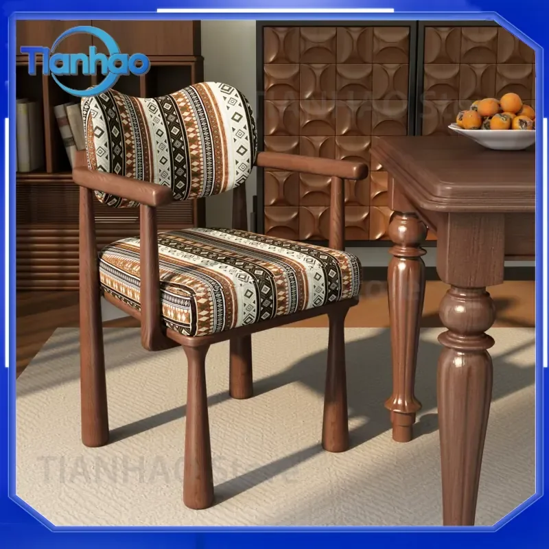 Original Medieval Solid Wood Dining Chair for Household Use with Backrest and Armrest Comfortable Sedentary Leisure Single