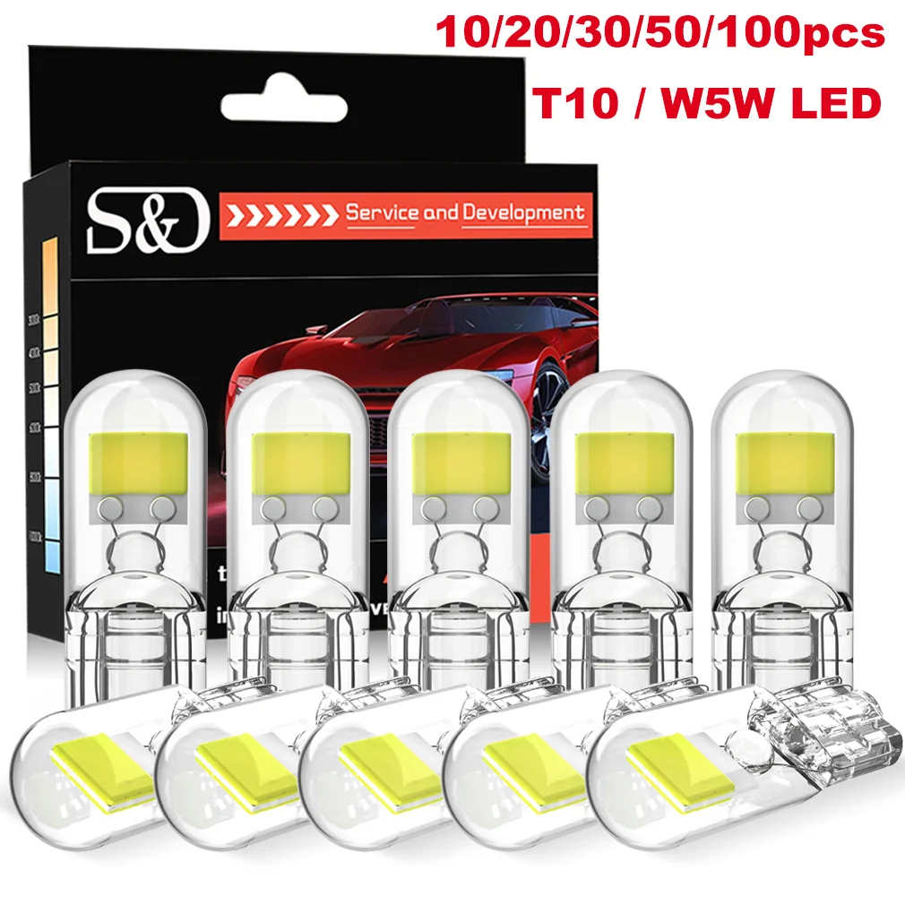 10/20/30/50/100pcs W5W Led T10 Canbus Car Light COB Glass Auto Automobiles License Plate Lamp Dome Read DRL Bulb 12V 6000K White