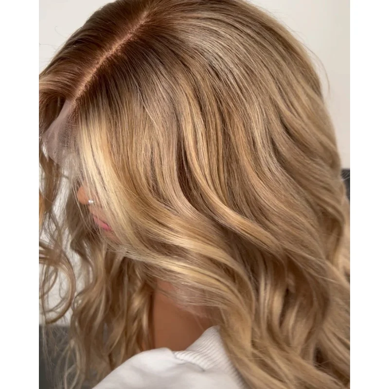 

Long Ombre Blonde Brown Wavy Lace Front Wig For Women Short Root Middle Part Wavy Wig Synthetic Premium Fibre Heat Resistant Wig