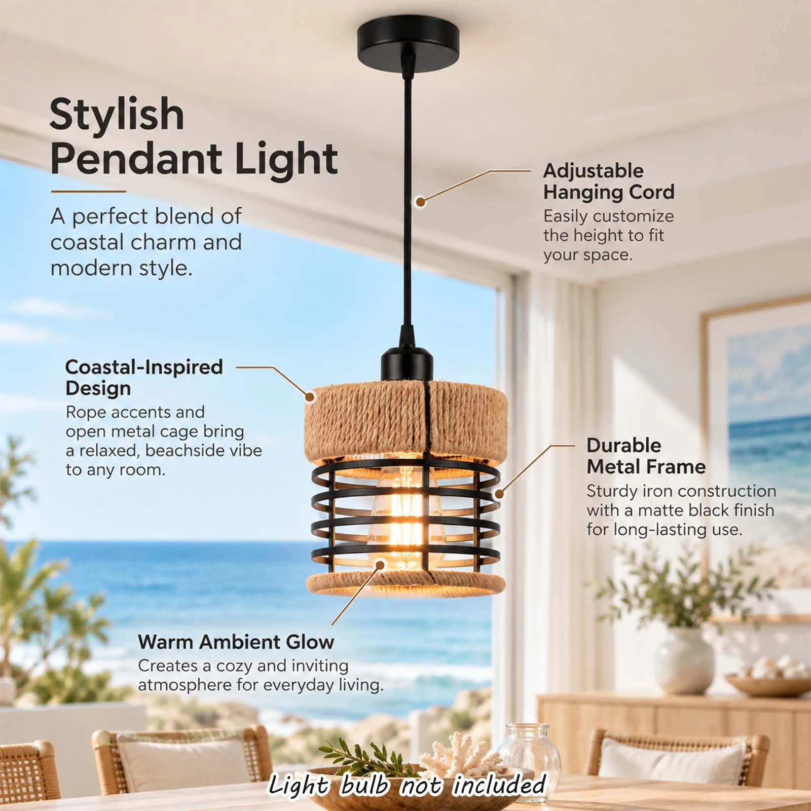 Ceiling Light, Black Metal Ring Cylinder Shade, Jute Rope Accent, E27, Boho, Rustic, Bedroom Entryway Foyer