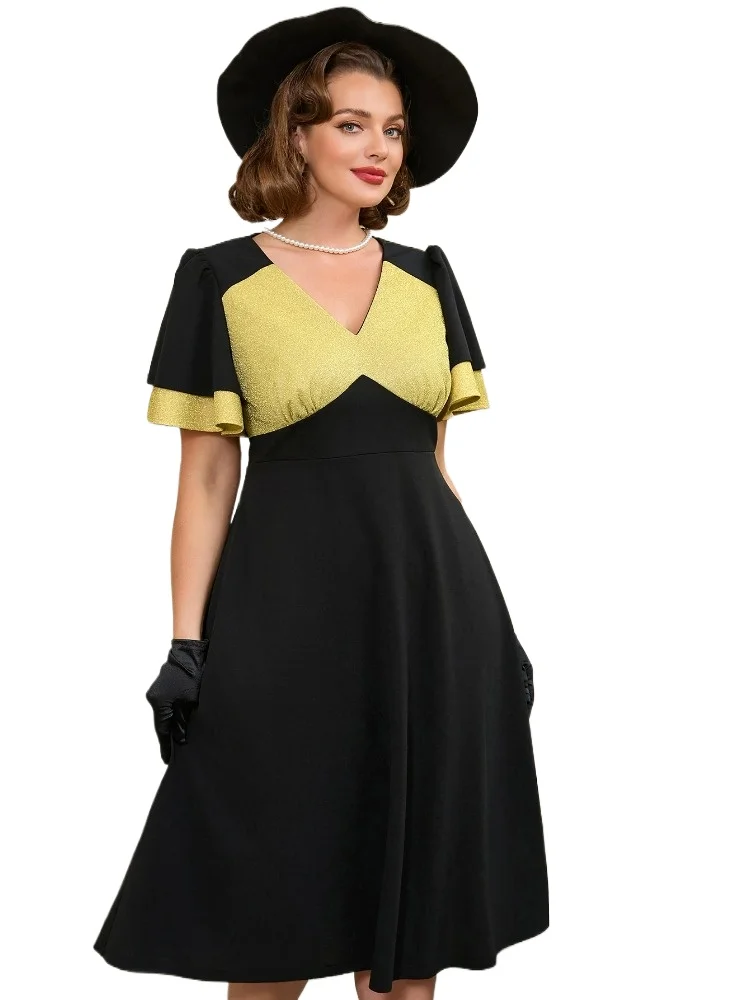 

L-3XL Plus Size Black A Line Dress Ruffle Sleeve Formal Gown Elegant Long Prom Dresses Near Me for Curvy Women Evening Outfits