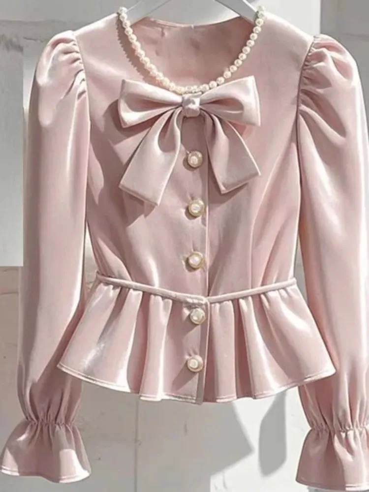 Pretty Pearl Beading Bow Elegant Shirt Jacket Pink Velvet Single Breasted Shirt Slim High Waist Ruffles Short Coat Office Lady