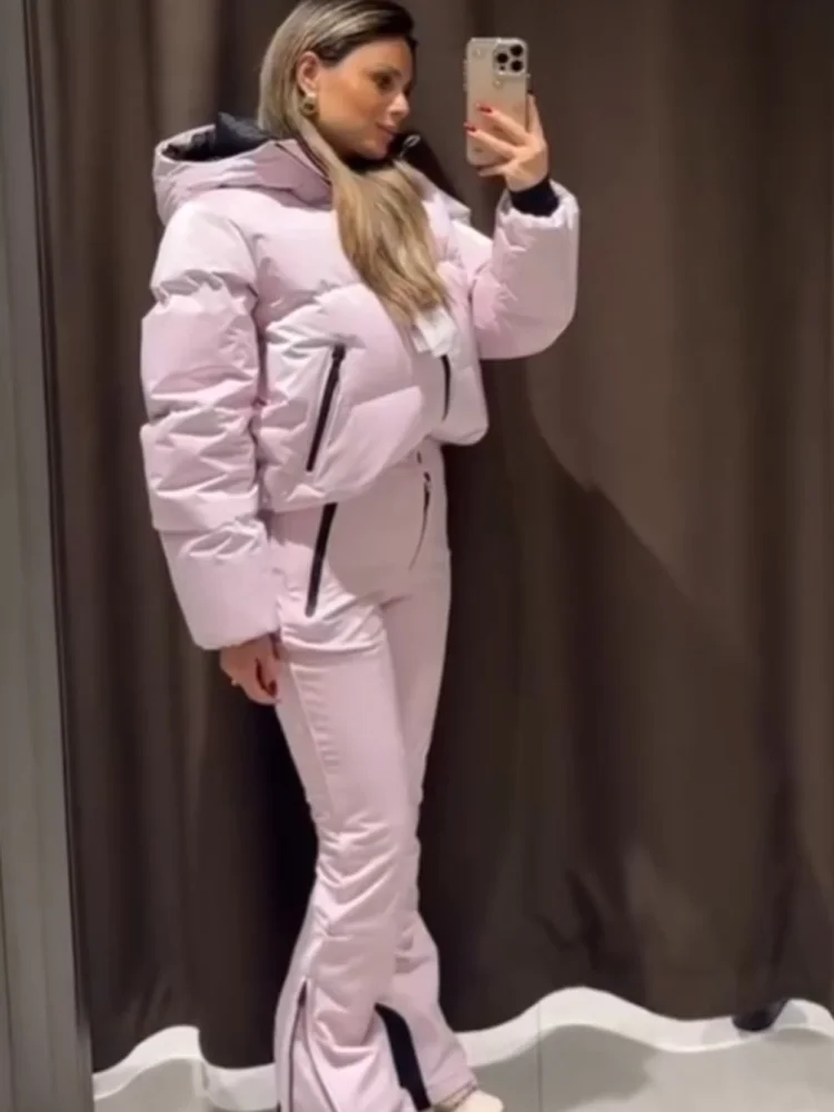 HH Women Fashion Pocket Long Sleeve Zipper Hooded Skiing Cotton-padded Drawstring Jacket+High Waist Casual Winter 2026 Pant Set