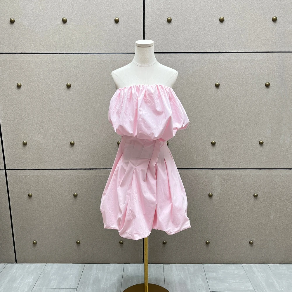 

100% Cotton Pink Strapless Mini Dress Women Ruffle Off Shoulder A-Line Waist Tie Summer Party Short Dress 2026 Summer New Y2K