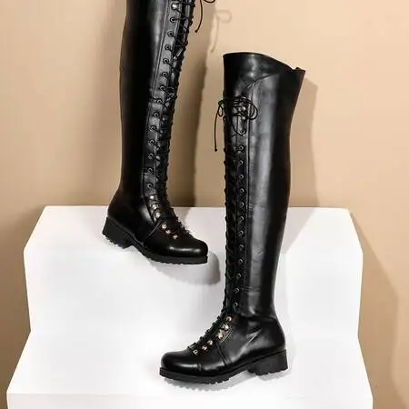 New Retro Riding Lace-up Women Flat Thigh Boots Western Over The Knee Boots Fashion Women Shoes Round Toe Long Boots Winter 2024