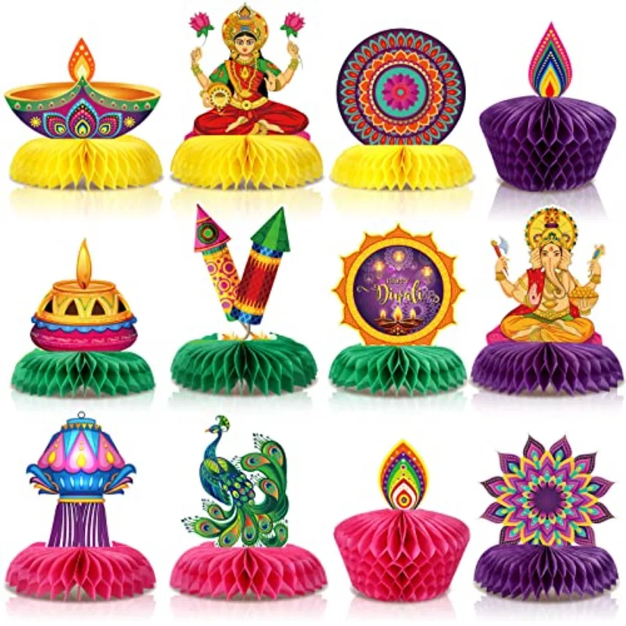 12 Pieces Diwali Party Decorations Paper Honeycomb Centerpiece Table Toppers Festival of Lights Party Supplies for Happy Diwali