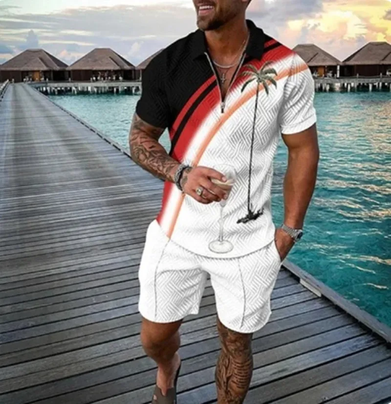 Summer New Men\'s 3D Printing Short Sleeve Zipper Polo Shirt Shorts Set Men Casual 2-piece Vacation Beach Set